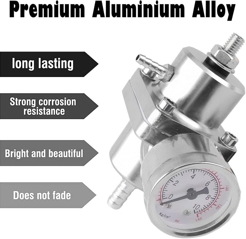 BARTOO Universal Adjustable Fuel Pressure Regulator Kit, Aluminum Fuel Regulator,Adjustable Gas Oil Injection Pressure Regulator with 0-140 PSI Gauge -Silver - Image 2